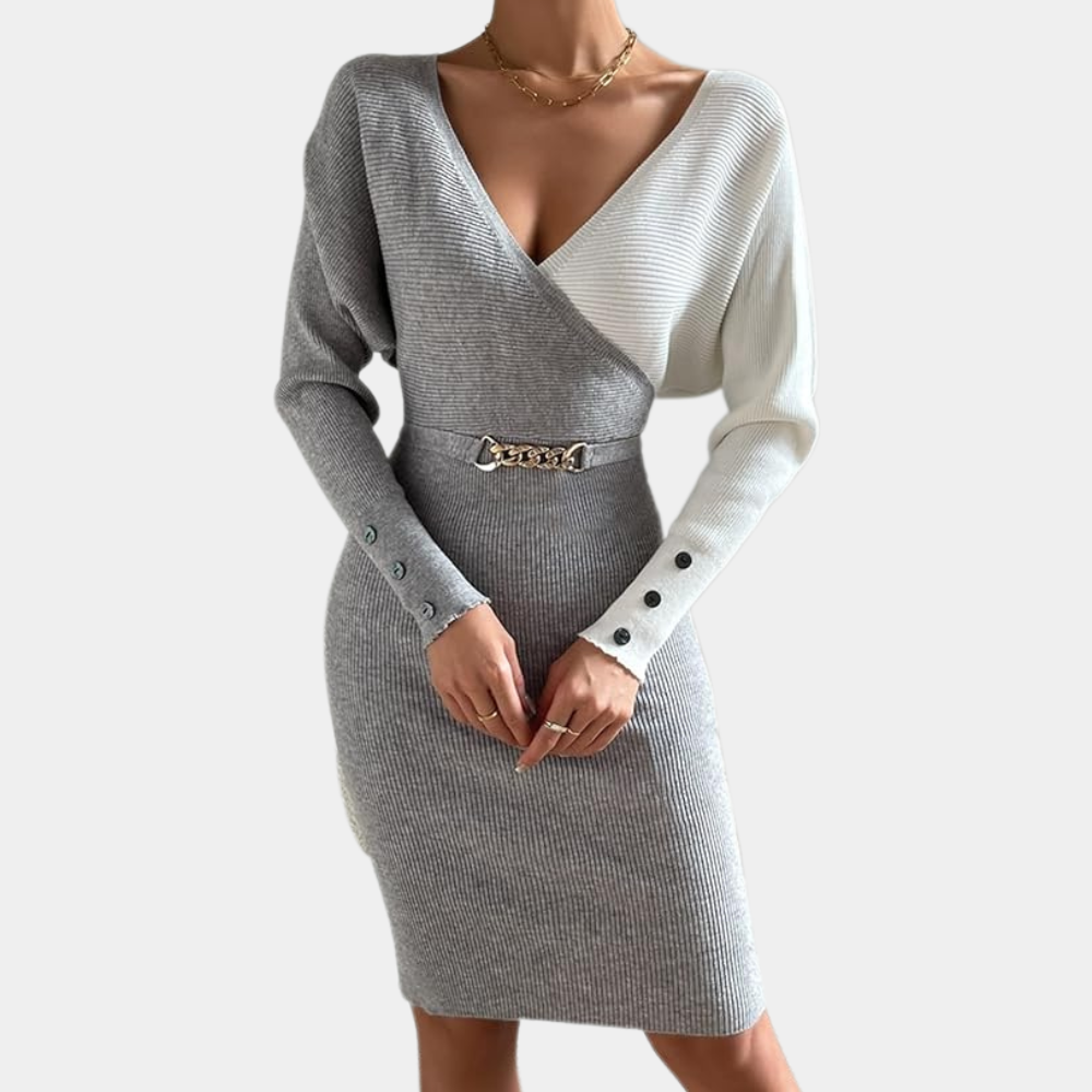 Women's Knitted Bodycon Dress – V-neck – Long-sleeved – Chain Detail at the Waist
