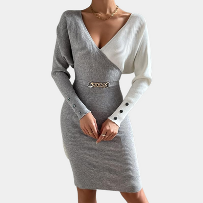Women's Knitted Bodycon Dress – V-neck – Long-sleeved – Chain Detail at the Waist