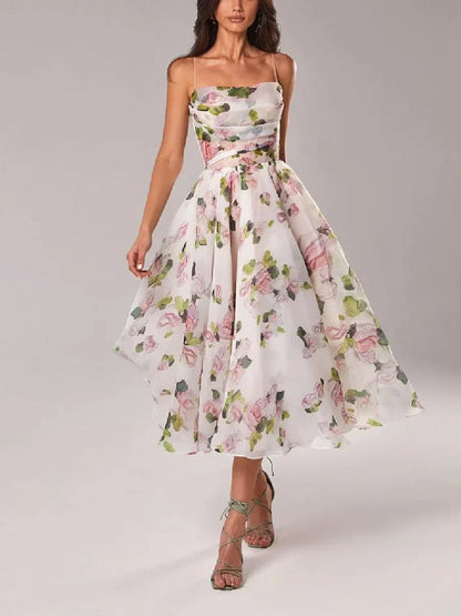 Women's Midi Dress – A-Line Fit – Light Chiffon – Spaghetti Straps – Floral Print