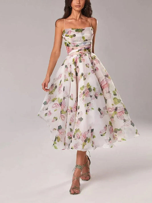 Women's Midi Dress – A-Line Fit – Light Chiffon – Spaghetti Straps – Floral Print