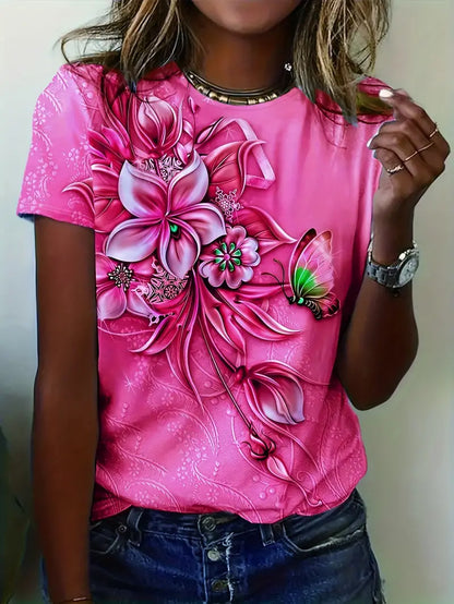 Dame T-shirt - Kort Ærme - Rund Hals - Blomster & Sommerfugl Design - Afslappet Pasform