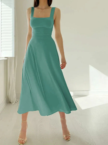 Women's Dress - Sleeveless Midi - Square Neckline - A-line Elegant Fit