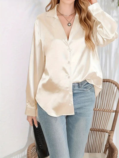 Dame Cropped Satin Bluse - Langærmet - Spredt Krave - Bindebånd Front