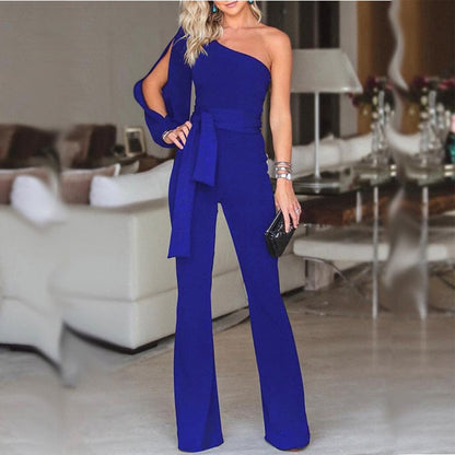 Women's Jumpsuit – One Shoulder – Slim Fit – Belted Waist – Flared Leg
