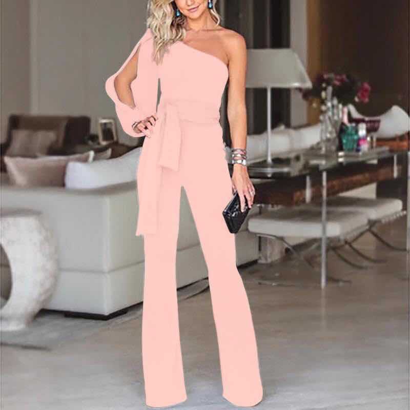 Women's Jumpsuit – One Shoulder – Slim Fit – Belted Waist – Flared Leg