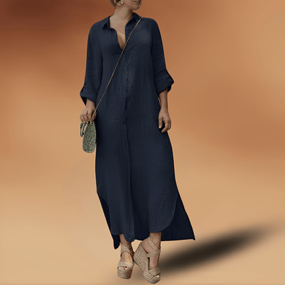 Women's Shirt Maxi Dress – Relaxed Fit – Button Closure – Breathable Natural Material – Long Sleeves