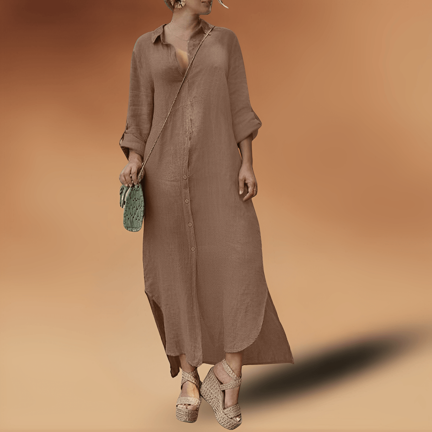 Women's Shirt Maxi Dress – Relaxed Fit – Button Closure – Breathable Natural Material – Long Sleeves