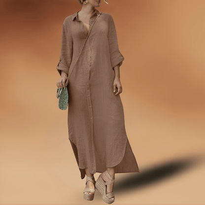 Women's Shirt Maxi Dress – Relaxed Fit – Button Closure – Breathable Natural Material – Long Sleeves