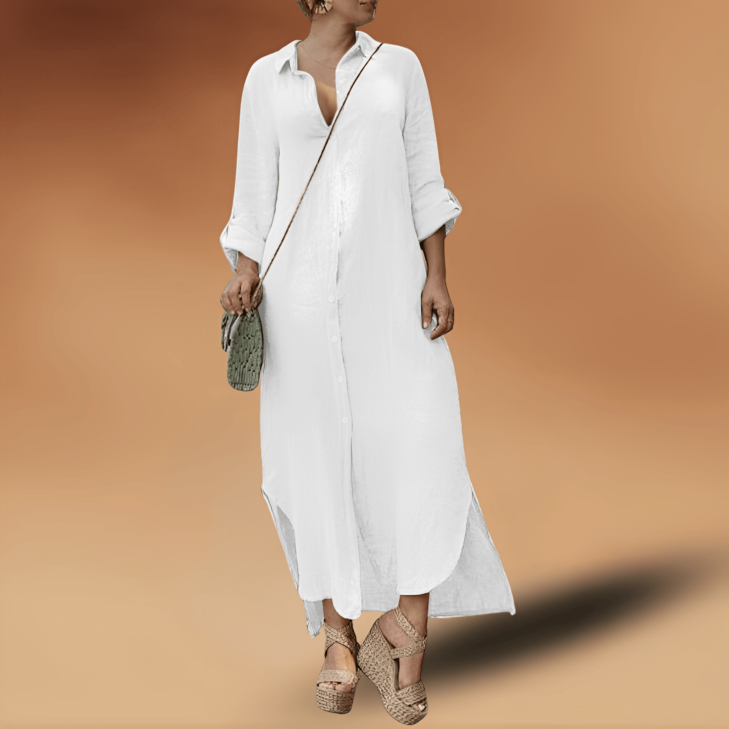 Women's Shirt Maxi Dress – Relaxed Fit – Button Closure – Breathable Natural Material – Long Sleeves