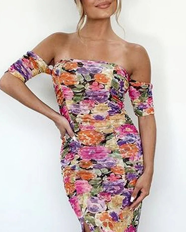 Women's Maxi Dress – Bodycon Fit – Off-Shoulder – Slit – Floral Print