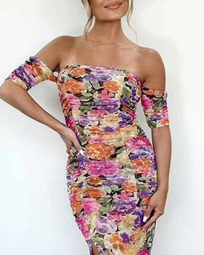 Women's Maxi Dress – Bodycon Fit – Off-Shoulder – Slit – Floral Print