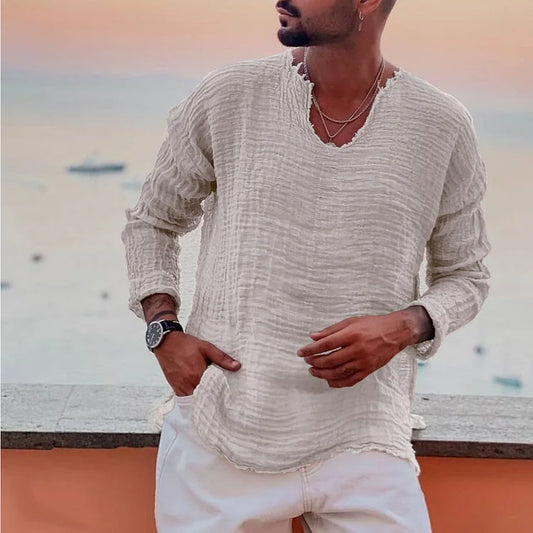 Men's Shirt with V-Neck – Long-Sleeved – Relaxed Fit – Airy Crinkled Texture