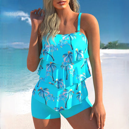 Women's Tankini Set – Layered Ruffle Top – Adjustable Straps – Tight-fitting Swim Shorts