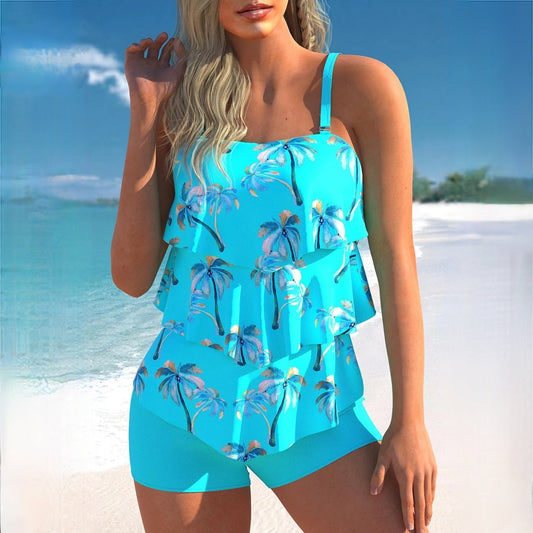 Women's Tankini Set – Layered Ruffle Top – Adjustable Straps – Tight-fitting Swim Shorts