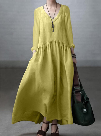 Dress for Women – Maxi – Relaxed Fit – V-Neck – Long Sleeves – Pockets