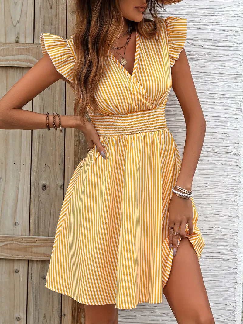 Women's Summer Dress - V-Neck - Ruffle Sleeves - Fitted Waist - Light and Breathable