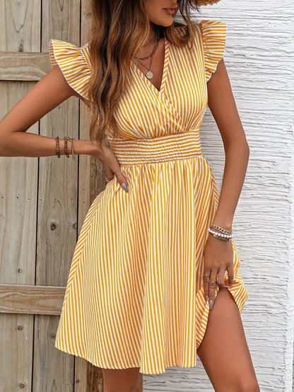 Women's Summer Dress - V-Neck - Ruffle Sleeves - Fitted Waist - Light and Breathable