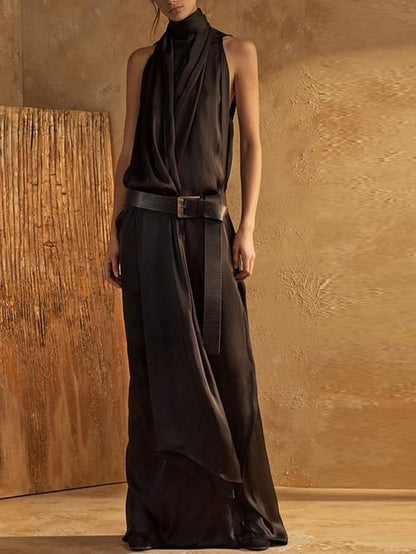 Women's Maxi Dress – Sleeveless – High Neck – Belted Waist – Light and Airy Fit