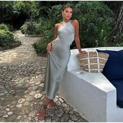 Dress for Women – Halterneck – Slim Fit – Satin – Ankle-Length for Party Use