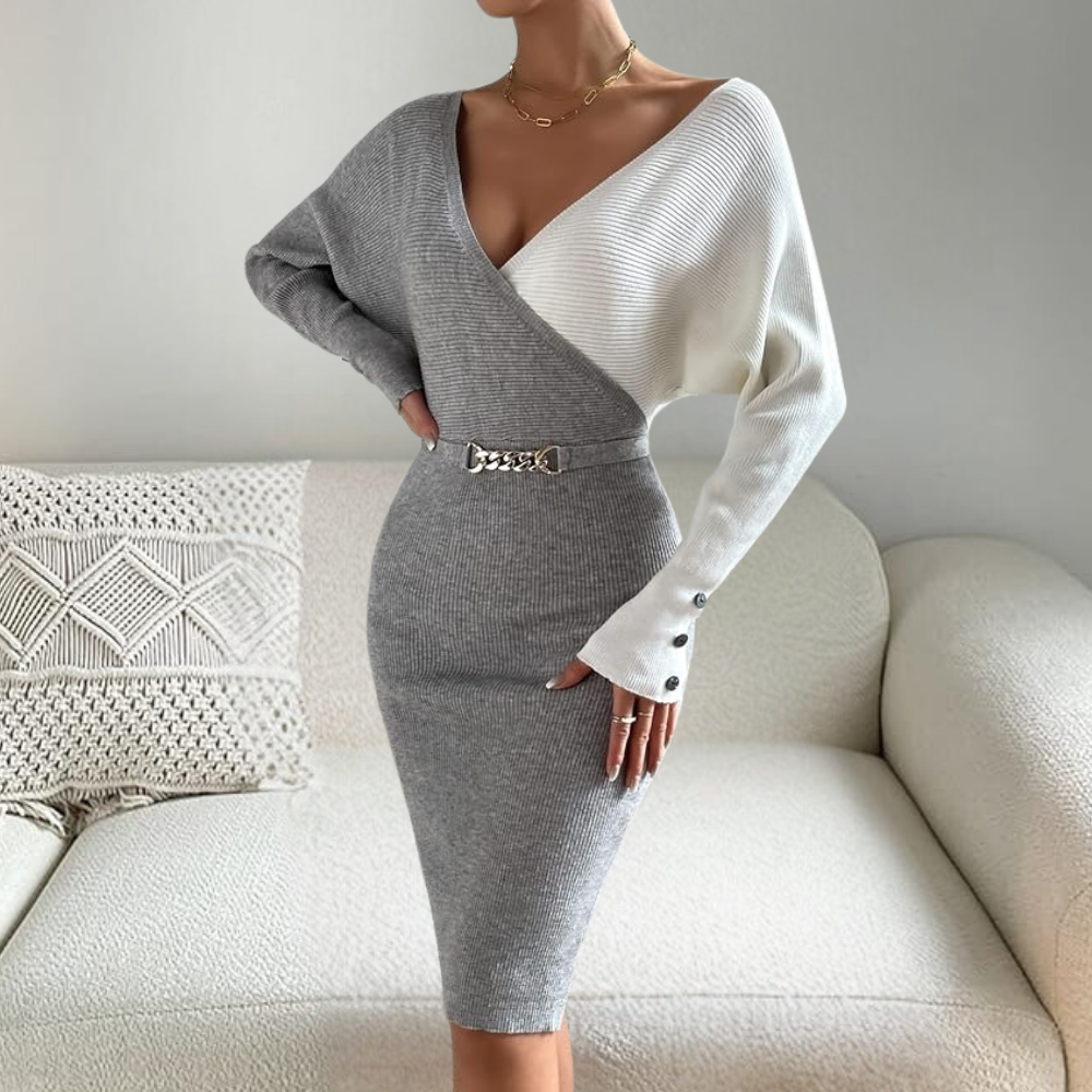 Women's Knitted Bodycon Dress – V-neck – Long-sleeved – Chain Detail at the Waist