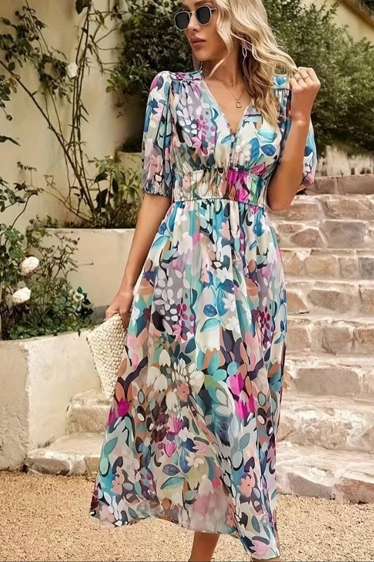 Dress for Women – Midi – Flowy Fit – V-Neck – Puff Sleeves – Floral Print