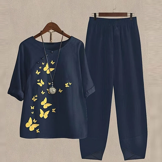 Women's Two-Piece Set – Relaxed Fit – Breathable Lightweight – Butterfly Details