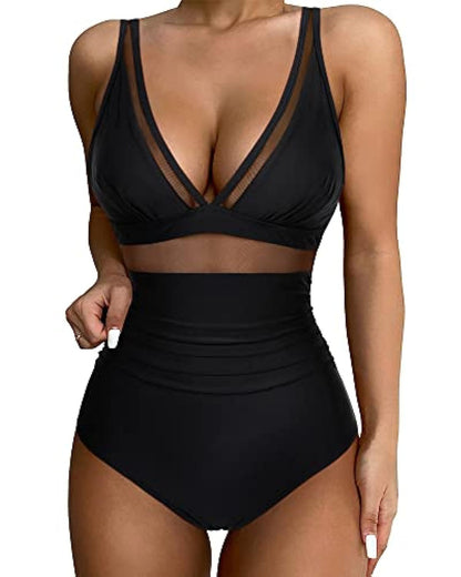 Swimsuit for Women – Tailored Fit – Deep V-Neck – Mesh and High Leg Cut