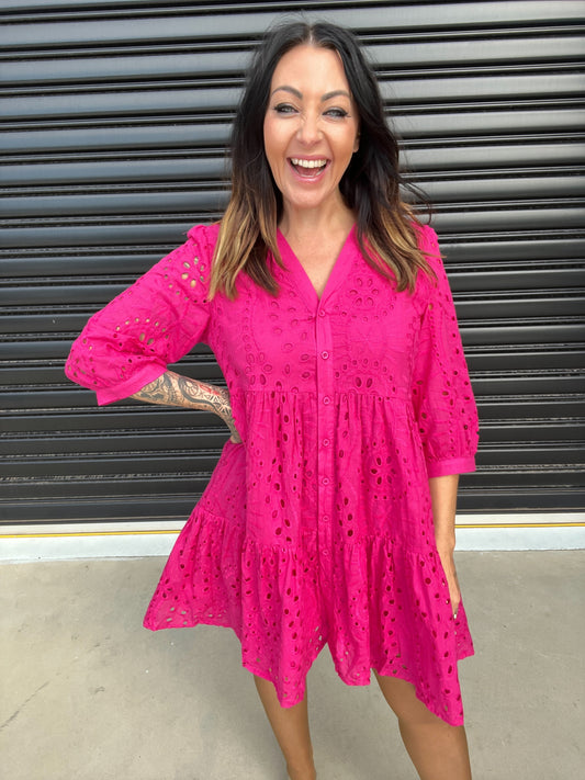 Women's Dress - A-line Loose Fit - 3/4 Sleeves - Button Closure & Broderie Anglaise