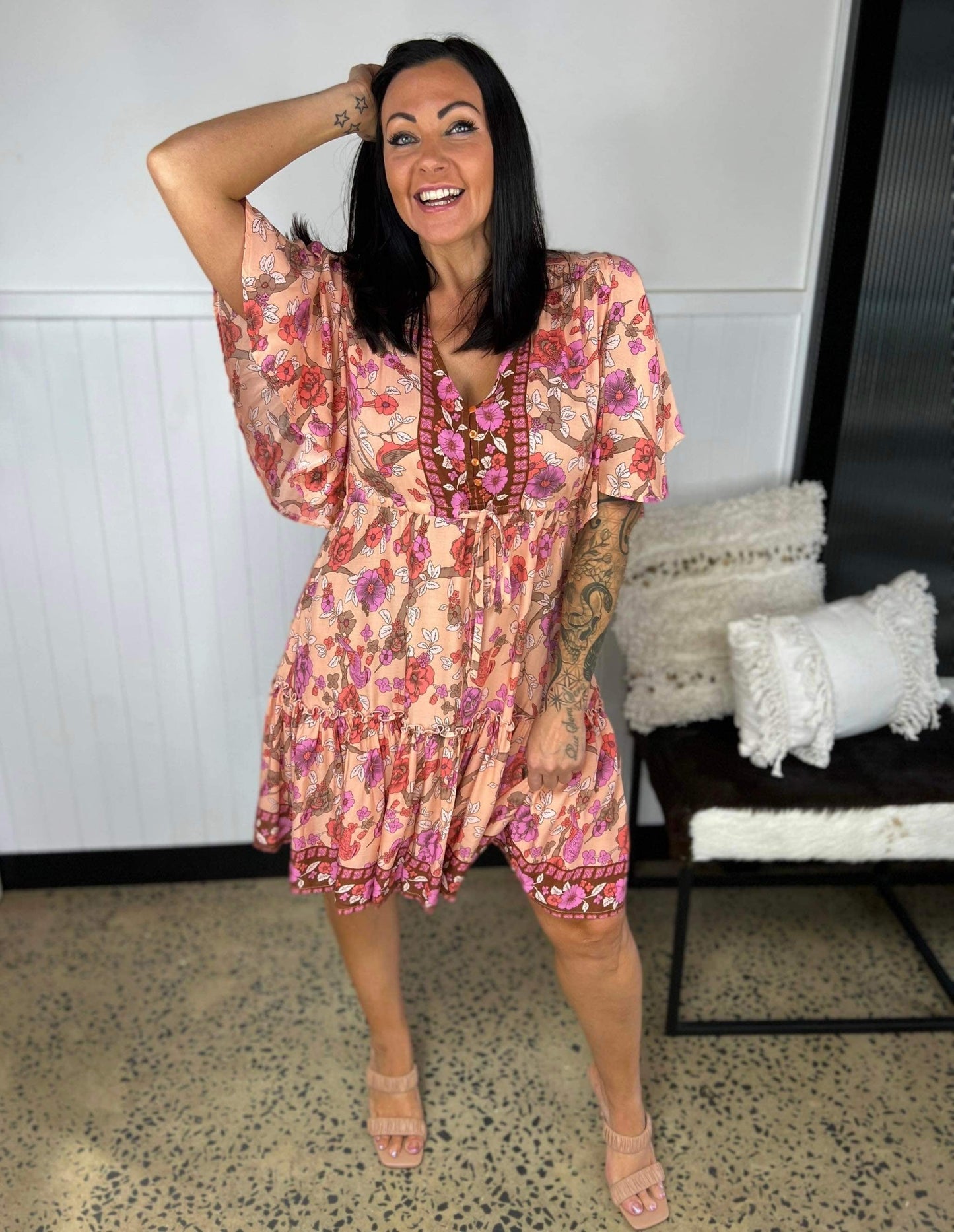 Women's Mini Dress - A-line Fit - V-neck with Decorative Details - Short Ruffle Sleeves