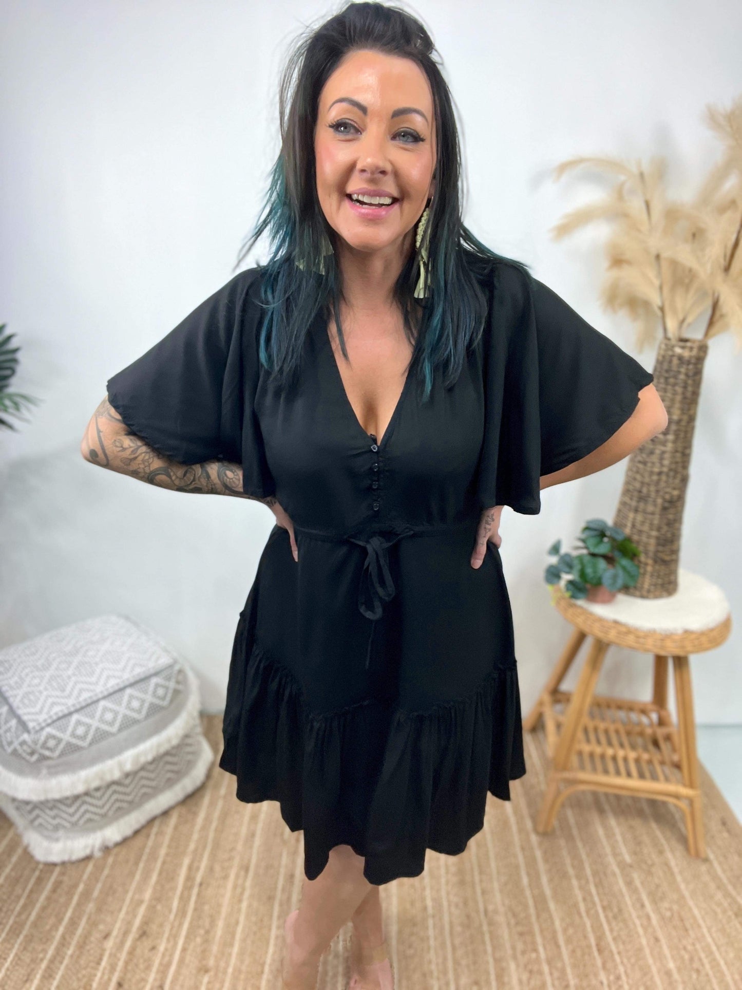 Women's Mini Dress - A-line Fit - V-neck with Decorative Details - Short Ruffle Sleeves