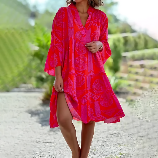 Women's Midi Dress – V-Neck – Relaxed Fit – Breathable Lightweight Design – 3/4 Sleeves