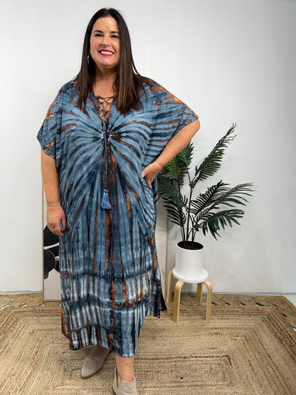 Women's Caftan Dress - Loose Fit - Short Sleeves - Soft and Light - Drawstring Neckline