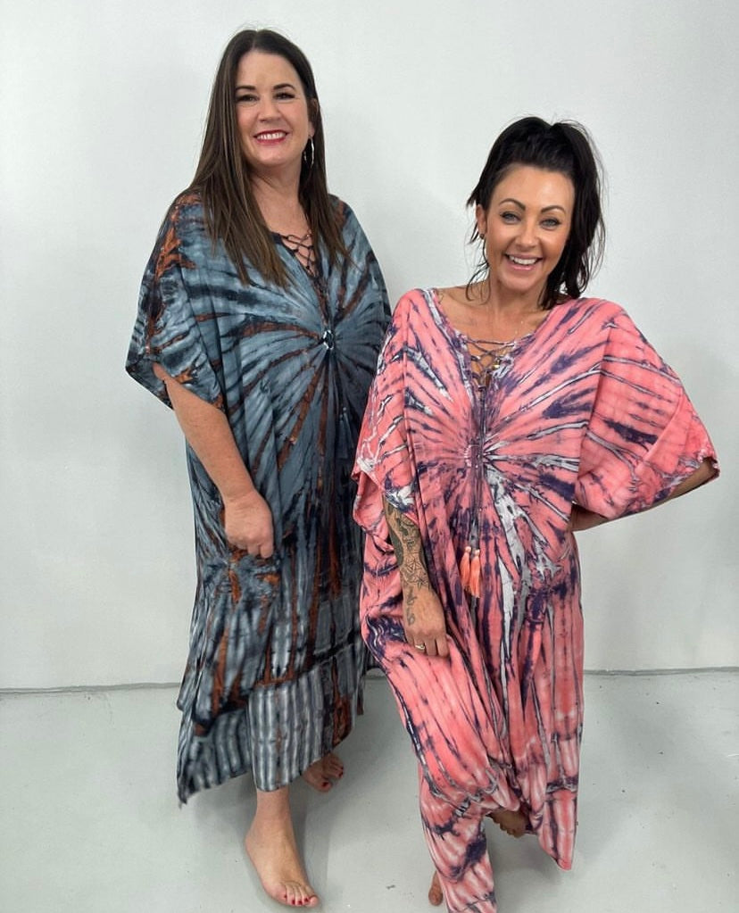 Women's Caftan Dress - Loose Fit - Short Sleeves - Soft and Light - Drawstring Neckline