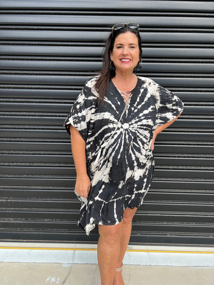 Women's Caftan Dress - Loose Fit - Short Sleeves - Soft and Light - Drawstring Neckline