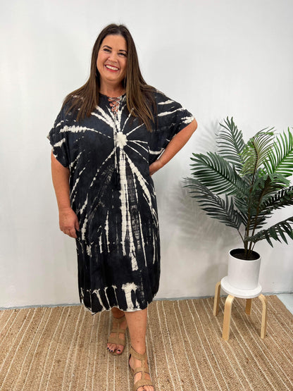 Women's Caftan Dress - Loose Fit - Short Sleeves - Soft and Light - Drawstring Neckline