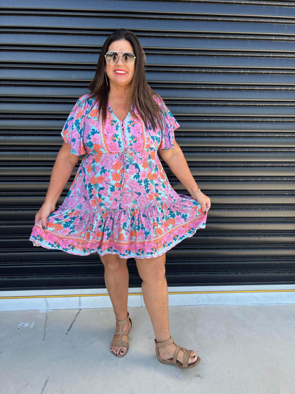 Women's Mini Dress - A-line Fit - V-neck with Decorative Details - Short Ruffle Sleeves