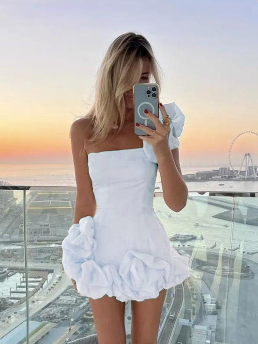 Dress for Women – Mini – Slim Fit – Satin Look – One Shoulder with Ruffles