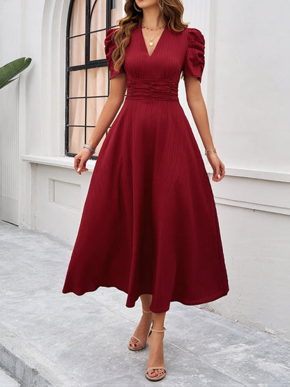 Dress for women – V-neck – Puff sleeves – A-line – Fitted waist – Mid-length