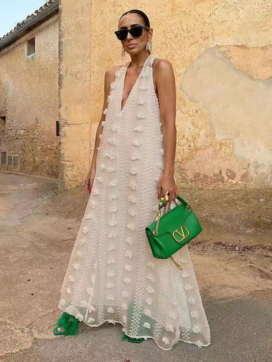 Women's Maxi Dress - Halterneck - Deep V-neck - Floral Appliqués - Light and Airy