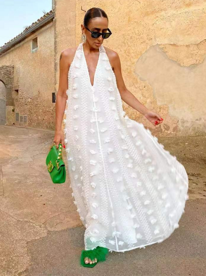 Women's Maxi Dress - Halterneck - Deep V-neck - Floral Appliqués - Light and Airy