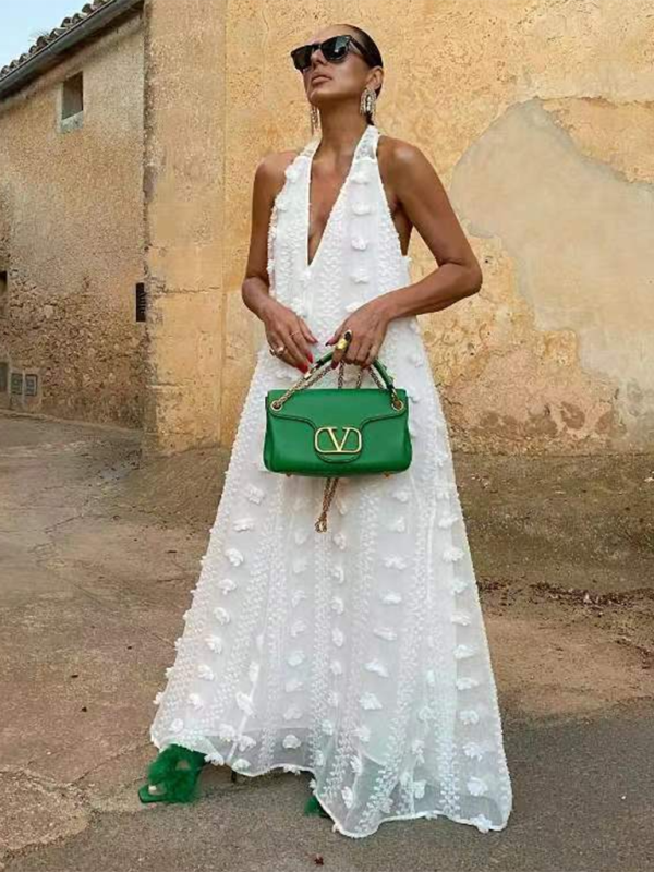 Women's Maxi Dress - Halterneck - Deep V-neck - Floral Appliqués - Light and Airy