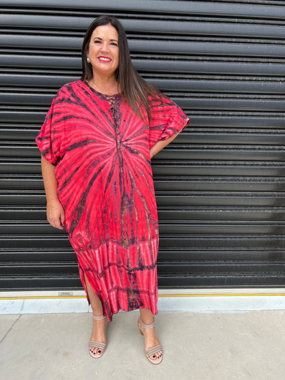 Women's Caftan Dress - Loose Fit - Short Sleeves - Soft and Light - Drawstring Neckline