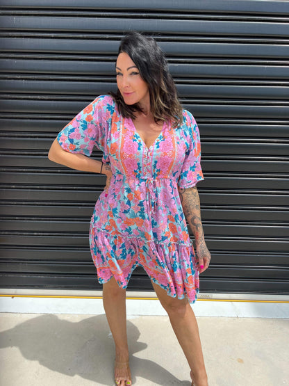 Women's Mini Dress - A-line Fit - V-neck with Decorative Details - Short Ruffle Sleeves