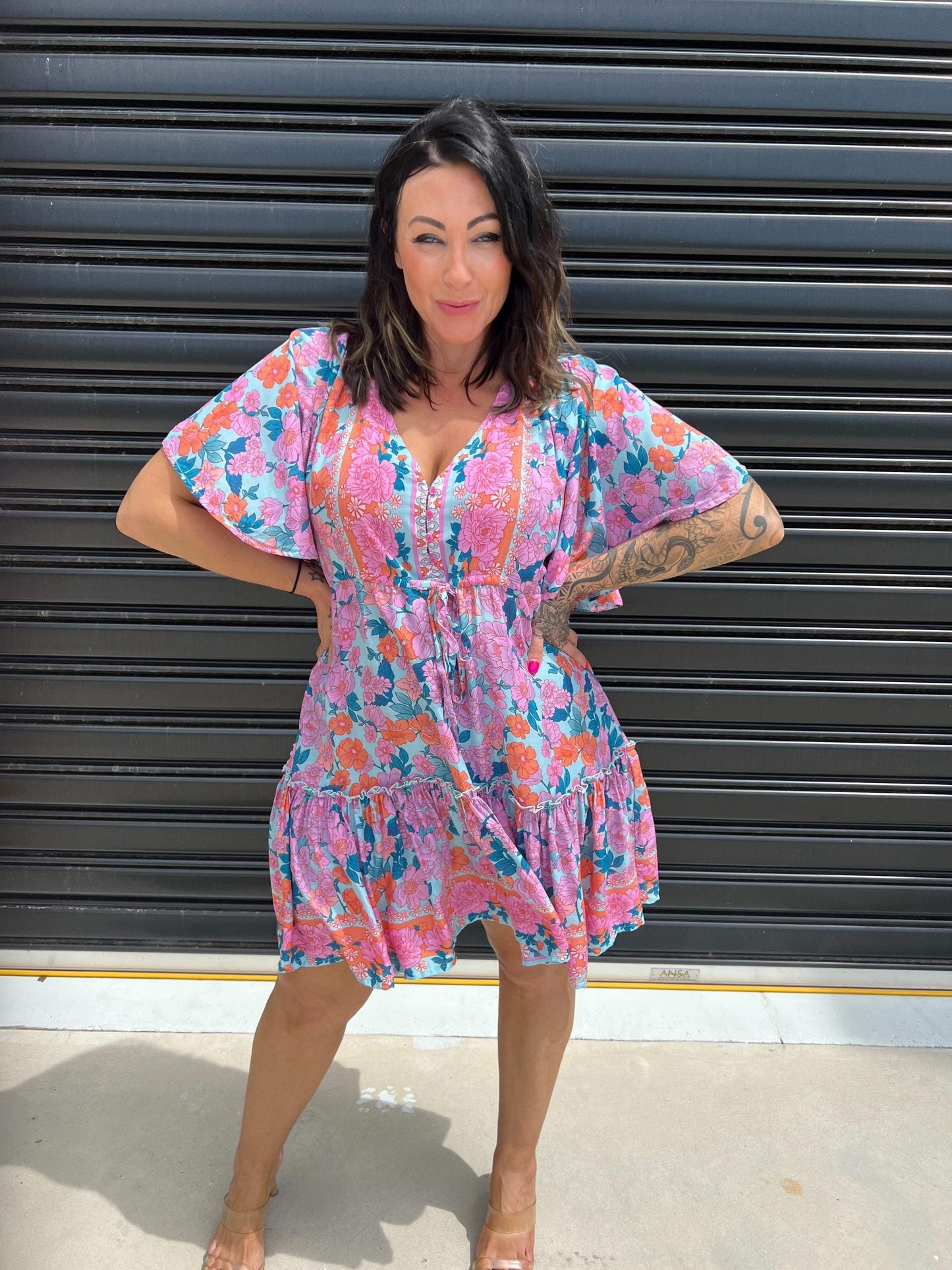 Women's Mini Dress - A-line Fit - V-neck with Decorative Details - Short Ruffle Sleeves