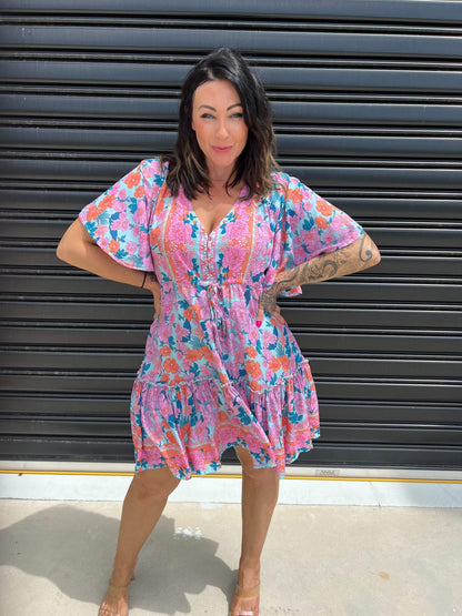 Women's Mini Dress - A-line Fit - V-neck with Decorative Details - Short Ruffle Sleeves