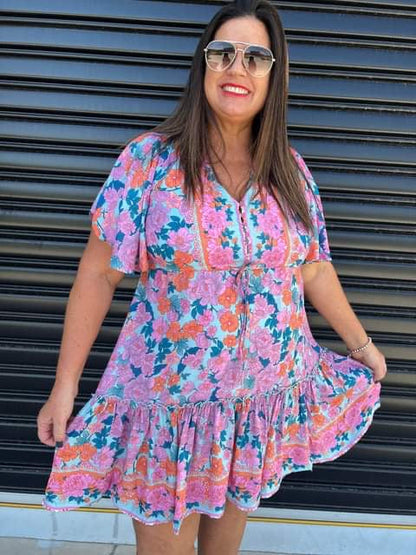 Women's Mini Dress - A-line Fit - V-neck with Decorative Details - Short Ruffle Sleeves