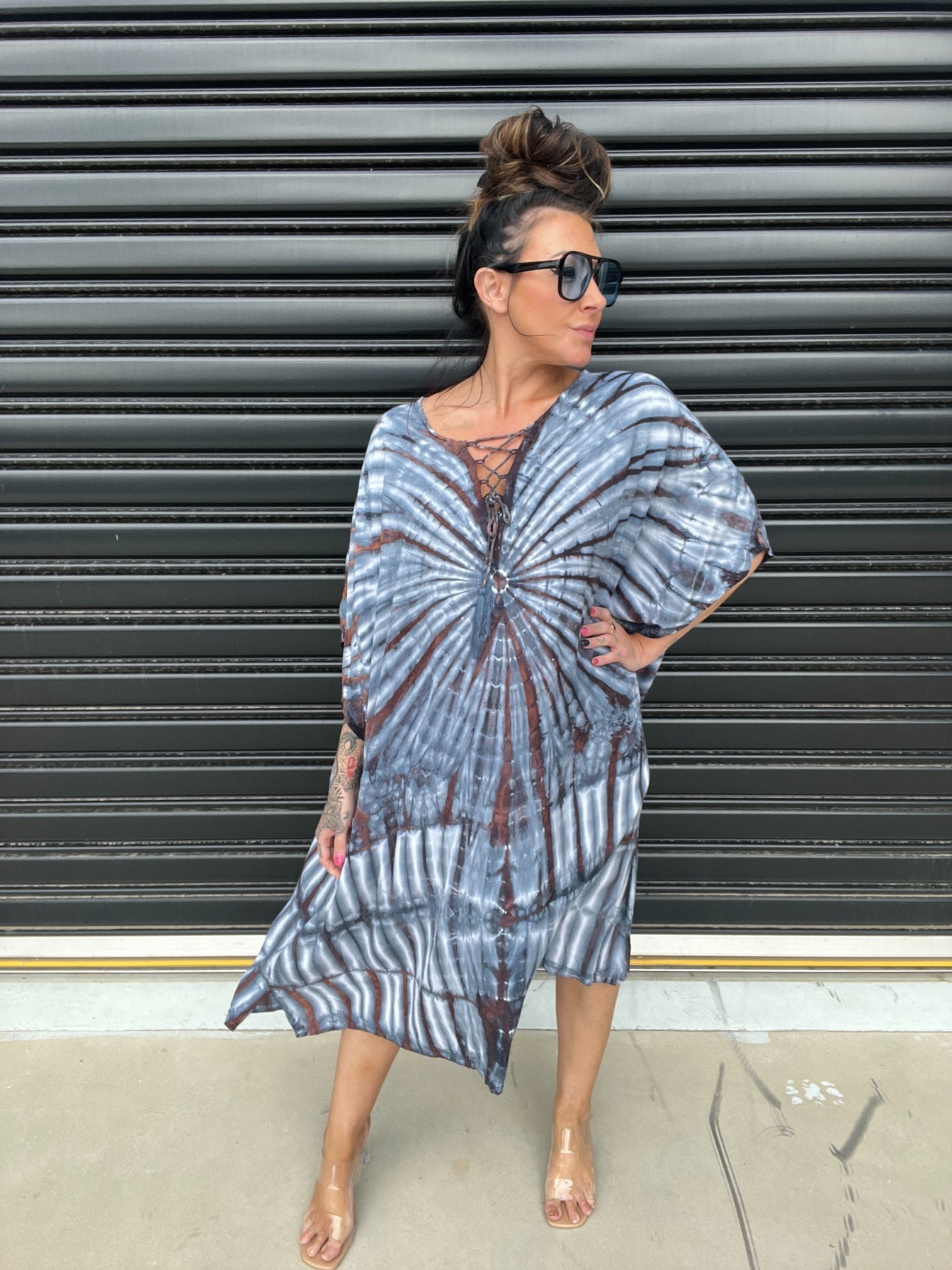 Women's Caftan Dress - Loose Fit - Short Sleeves - Soft and Light - Drawstring Neckline