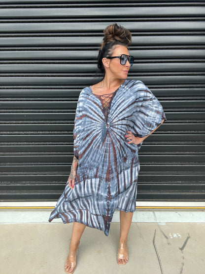 Women's Caftan Dress - Loose Fit - Short Sleeves - Soft and Light - Drawstring Neckline