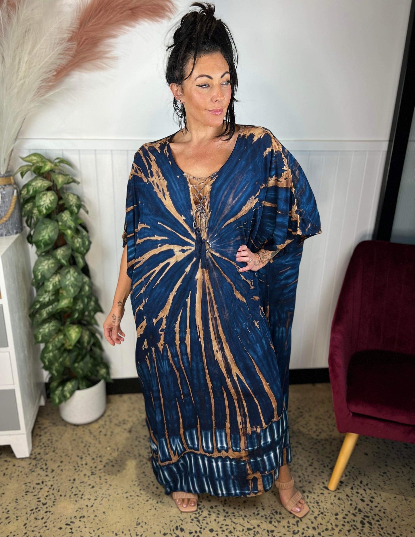 Women's Caftan Dress - Loose Fit - Short Sleeves - Soft and Light - Drawstring Neckline