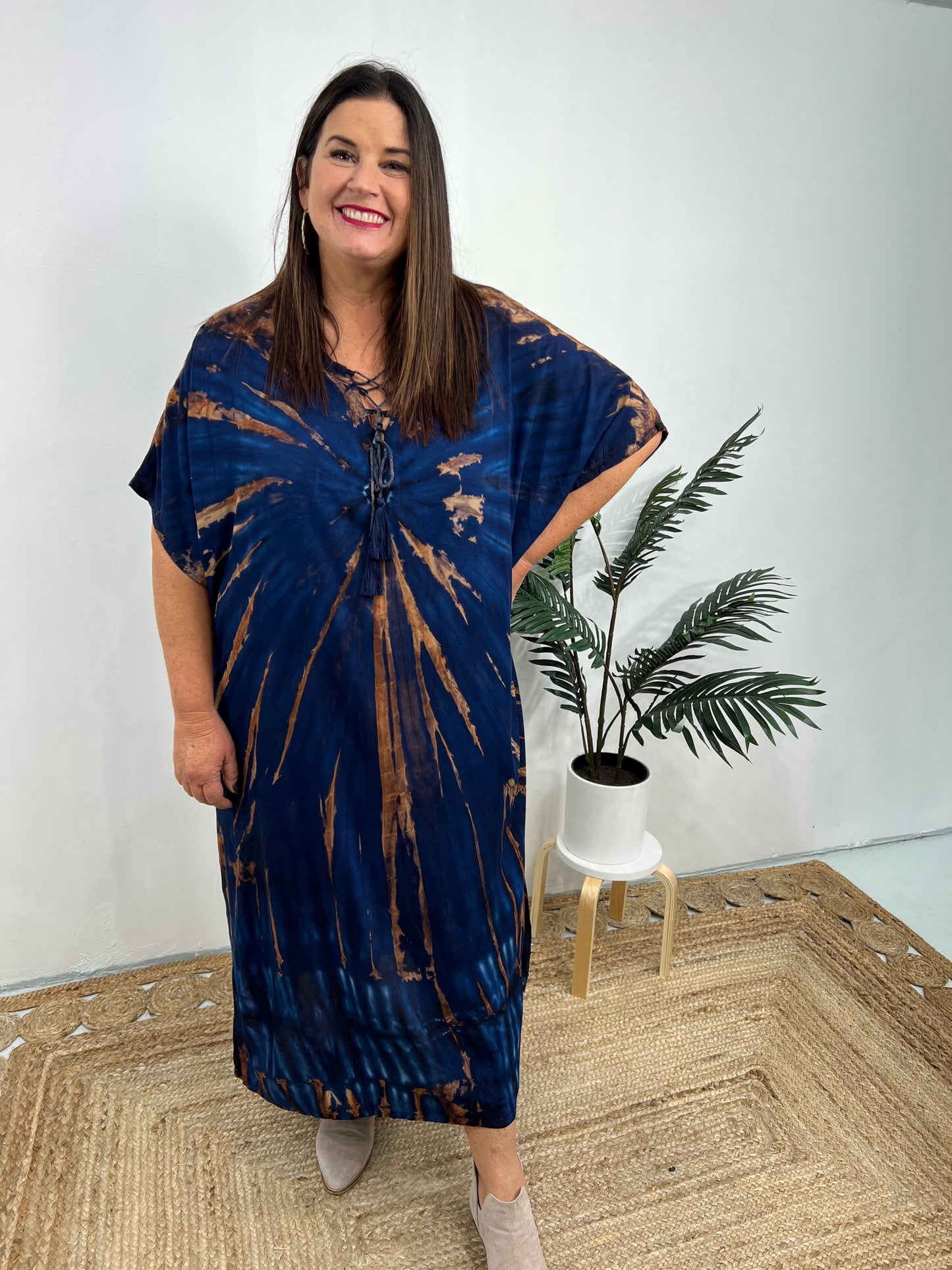 Women's Caftan Dress - Loose Fit - Short Sleeves - Soft and Light - Drawstring Neckline